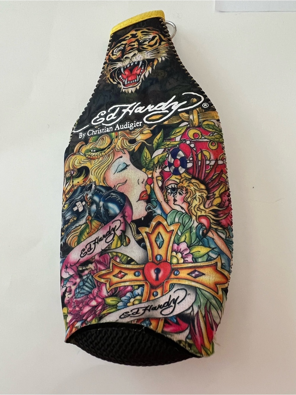 Ed Hardy Black Neoprene Bottle Sleeve with Colorful Tattoo Motifs 8” high